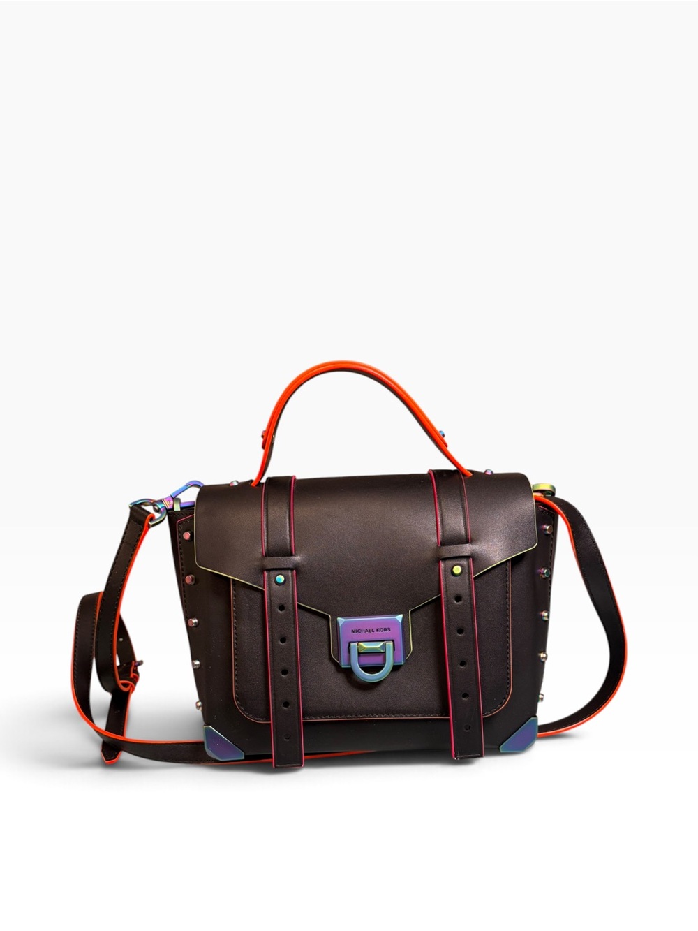 Michael Kors Manhattan Black Neon Contrast Top Handle Medium School Satchel Pink